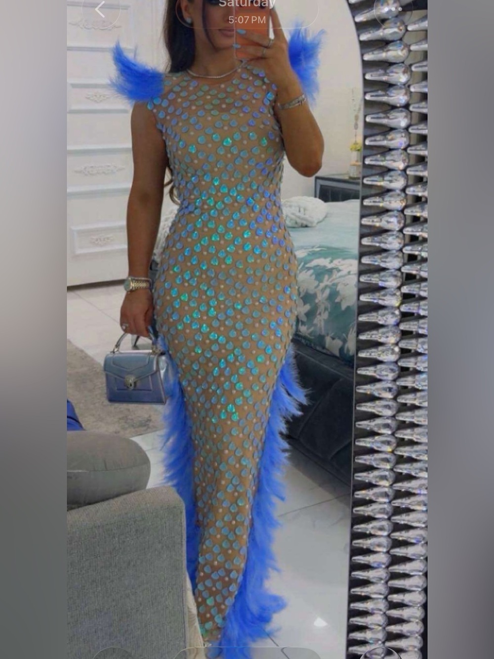 Fish tail Elegant Sheer Nude Prom Gown with Iridescent Aqua Embellishments